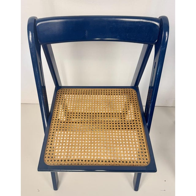 Wood Mid-Century Modern Blue Wood and Wicker Folding Chairs from Bazzani, Italy, 1960s, Set of 2 For Sale - Image 7 of 11
