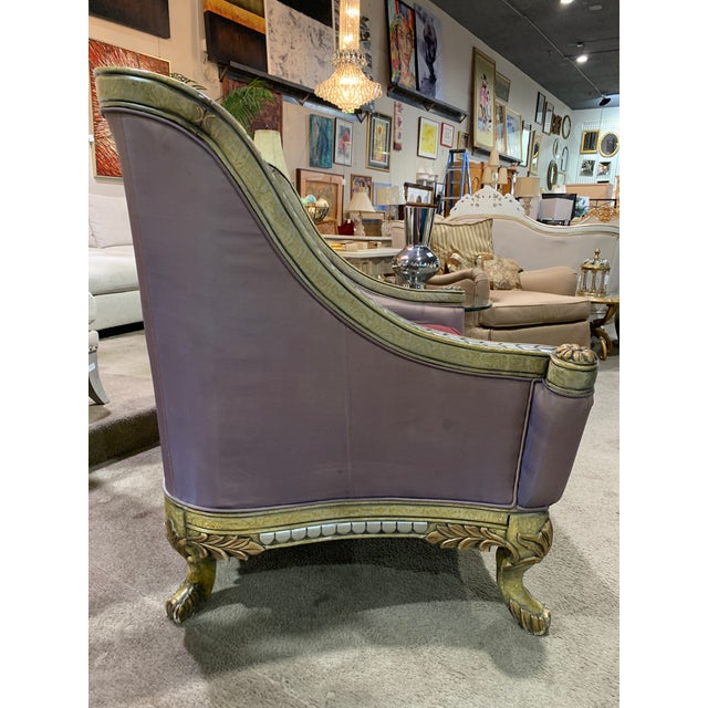 French Provincial Lavender Silk Sofa Chair With Ornate Wood Frame and Pillow For Sale - Image 3 of 12
