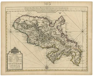 Antique Map of Martinique with Roads, Houses and Sugar Plantations, 1750