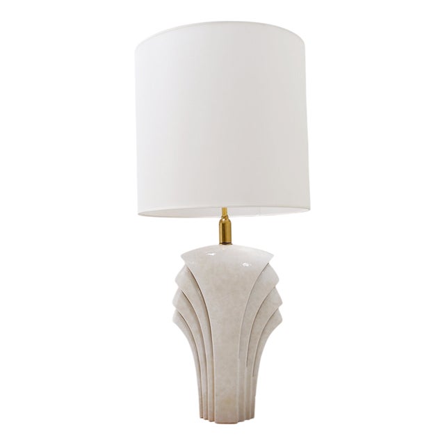 Large Art Deco Style Fan-Shaped White Ceramic Table Lamp, 1980s For Sale