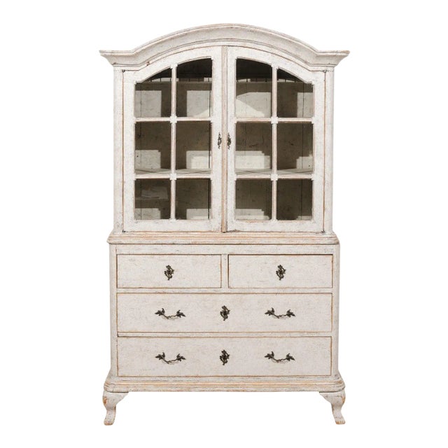 Swedish Rococo Style 19th Century Painted Vitrine with Glass Doors and Drawers For Sale