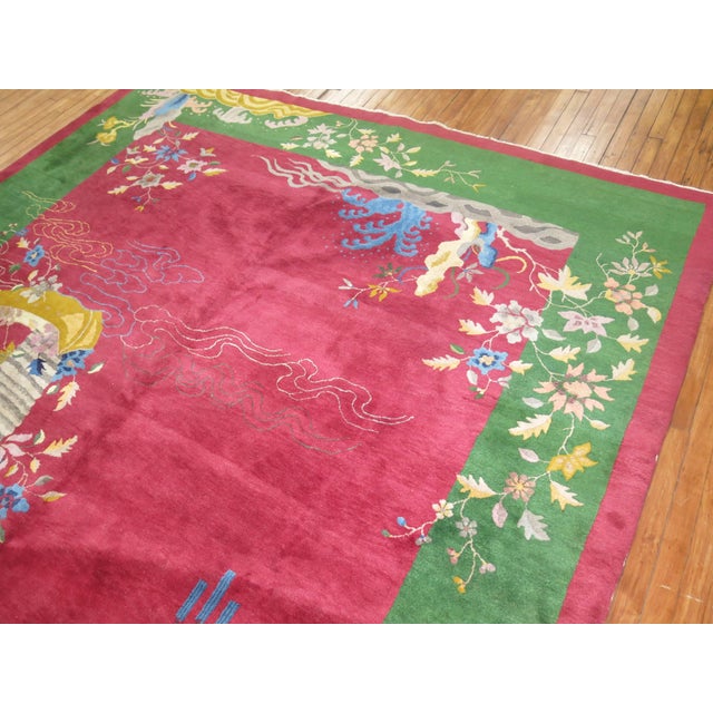 Red Antique Zabihi Collection Room Size Raspberry Ground Chinese Art Deco Rug - 9' x 11'7" For Sale - Image 8 of 10