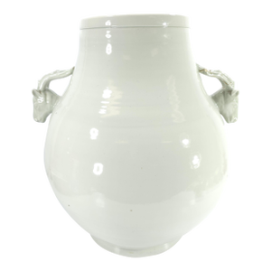 Very Large Handmade Off White Asian Ceramic Pot Vase With Deer Head Handles