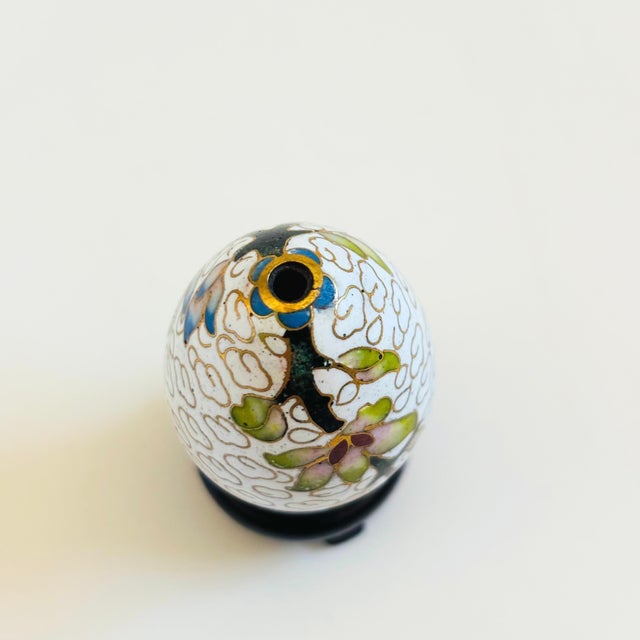 White Small Vintage Cloisonne Egg Incense Holder on Stand For Sale - Image 8 of 9