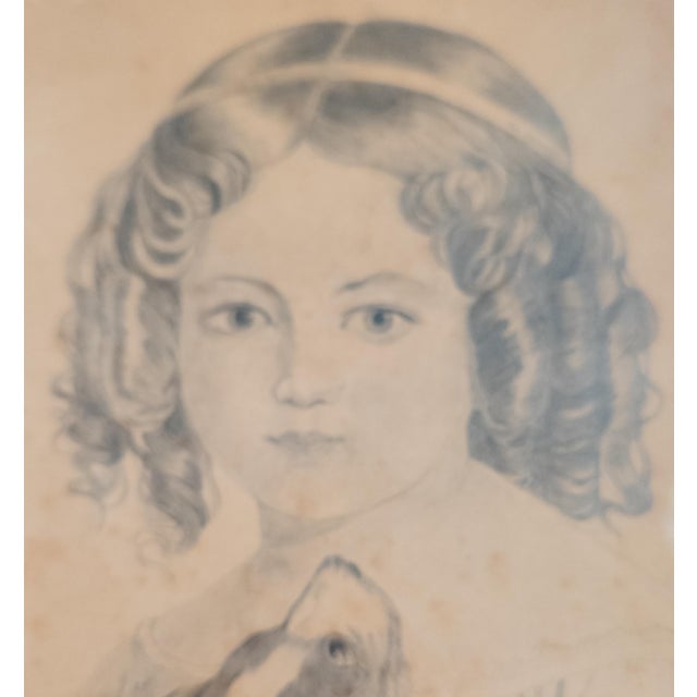 Antique White 19th Century English or American Pencil Portrait Drawing of a Girl and Her Dog For Sale - Image 8 of 17