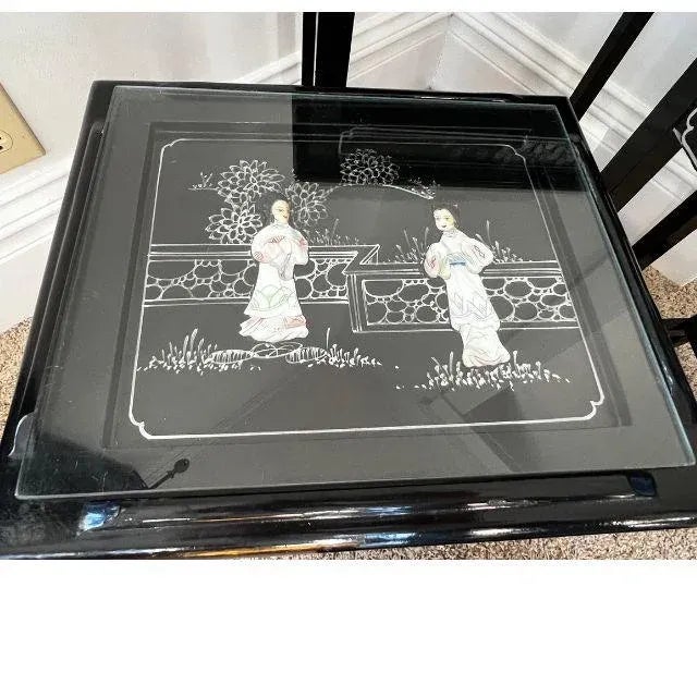 Mid-Century Chinese, Hand-Painted, Glass-Topped Nesting Tables, Set of Four For Sale - Image 9 of 12