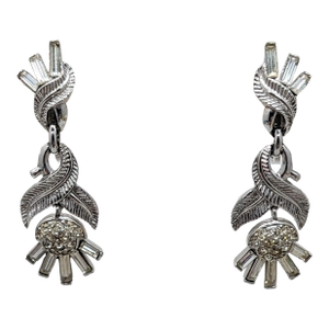 Vintage 1954 Signed Crown Trifari Rhinestone Flower Clip Earrings-2 Pieces