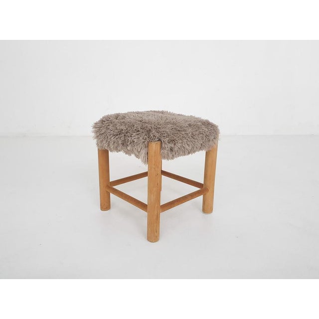 Mid-Century Wooden Stool with Fake-Fur Upholstery, Denmark, 1960s For Sale - Image 6 of 6
