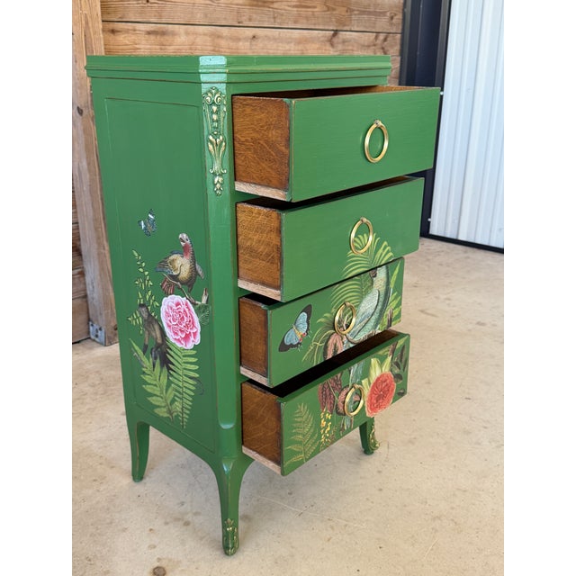 Wood Custom Painted Tropical Parrot Decoupage Lingerie Chest or Tall Nightstand For Sale - Image 7 of 12