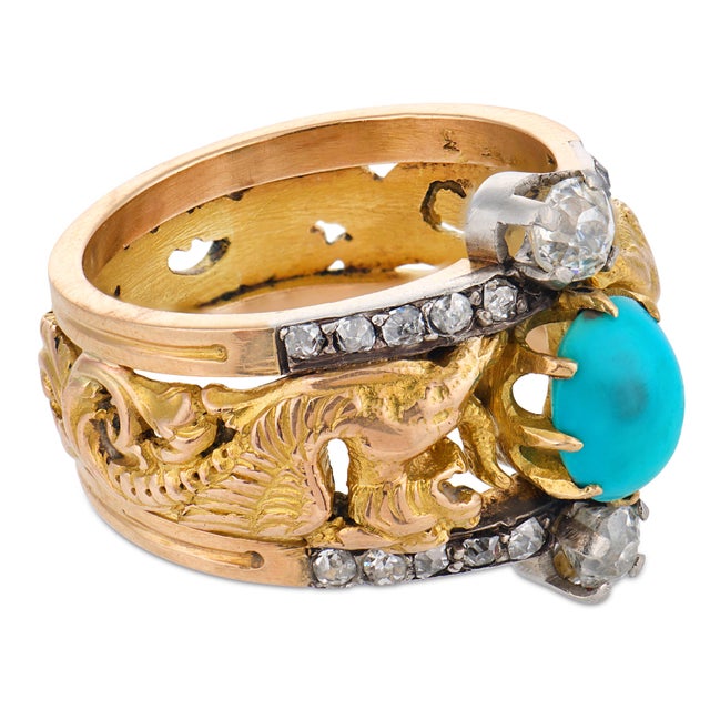 1910s Art Nouveau Turquoise Diamond 18k Yellow Gold Dragon Band, Size 7.5 For Sale - Image 4 of 6