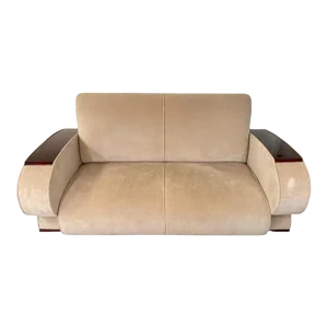 French Art Deco Sofa or Settee With Beige Velvet Upholstery & Rosewood Armrests