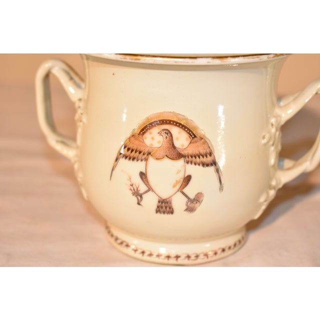 19th century creamware lidded bullion cup from England. The top is decorated with a lovely finial which has been gilded...