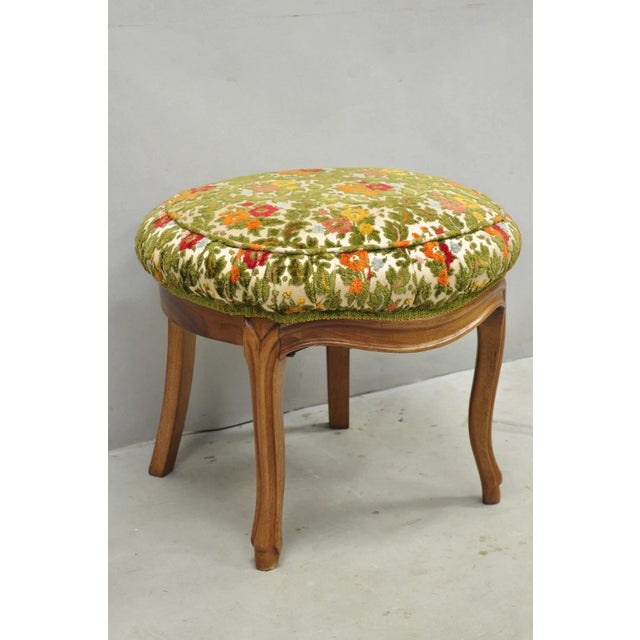 Wood Vintage French Country Provincial Style Walnut Round Seat Vanity Bench Stool For Sale - Image 7 of 13