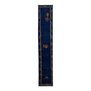 1920s Antique Chinese Peking Handmade Floral Wool Runner in Navy Blue For Sale