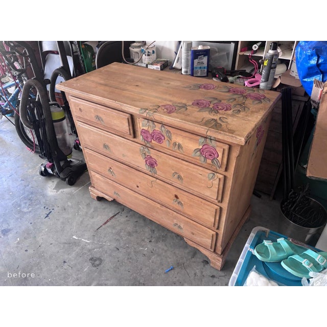 Wood One-of-a-Kind Restored Vintage Floral Dresser in Deep Red & Stained Wood For Sale - Image 7 of 7