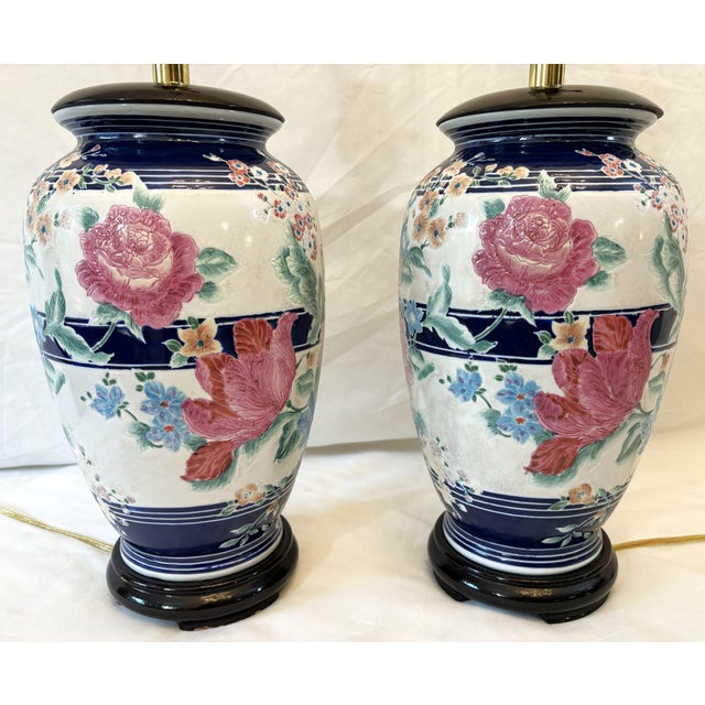 Vintage Ceramic Vase Lamps With Elegant Floral Design on Wood Plinths- A Pair For Sale - Image 4 of 12