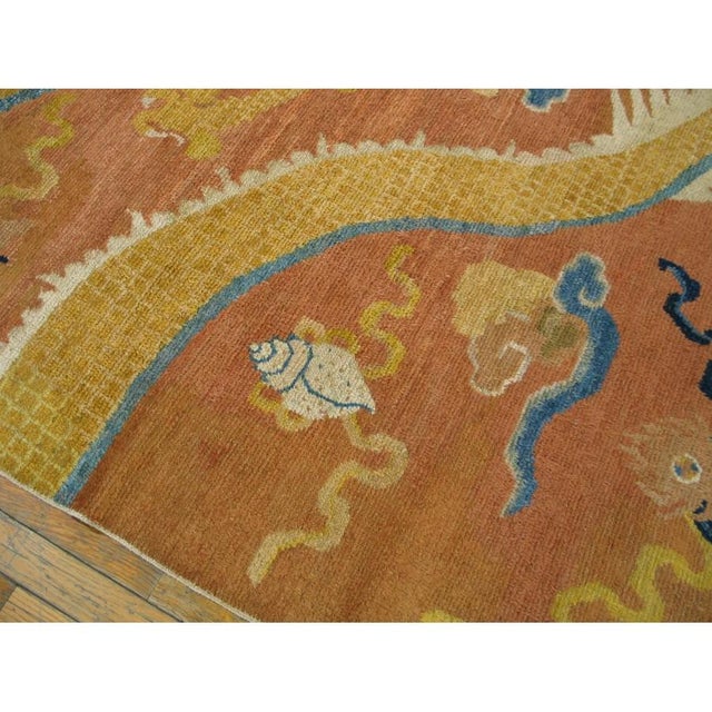 Mid 18th Century 1750s Antique Apricot Imperial Dragon Geometric Chinese Ningxia Small Rug For Sale - Image 5 of 8