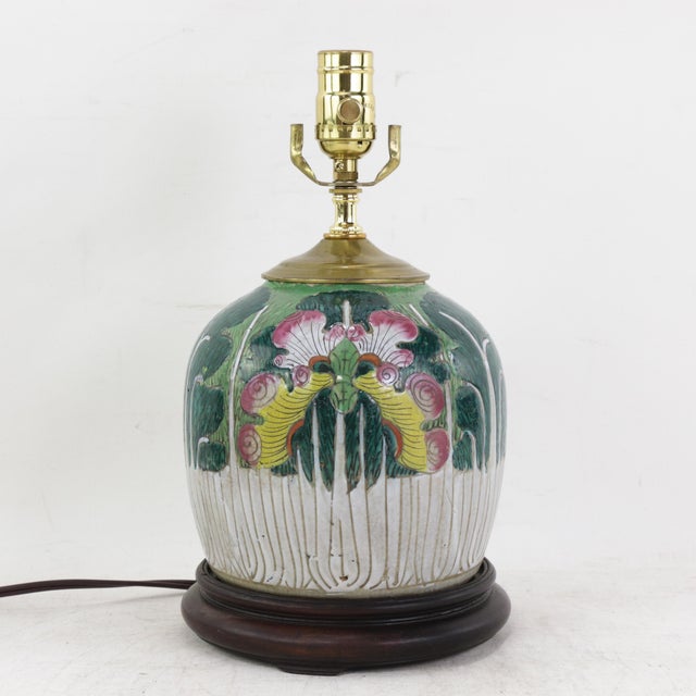 Antique Famille Rose Porcelain Bok Choy Table Lamp With Cabbage Leaf and Butterfly Motif For Sale - Image 15 of 15