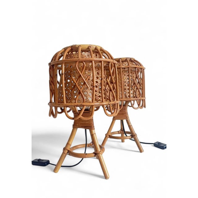 Pair of 1960s Italian Handmade Bamboo & Rattan Table Lamps, in the Style of Franco Albini An absolutely gorgeous pair of...