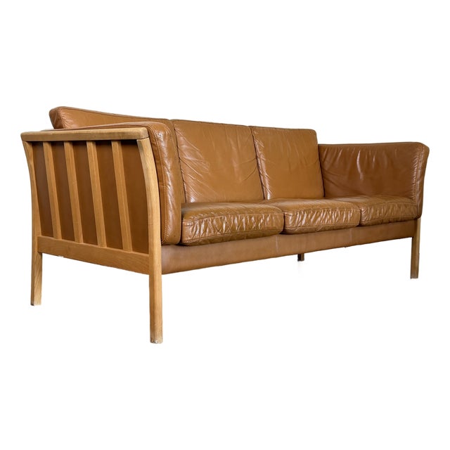 Danish Modern Attributed Skovby Leather & Beechwood Sofa For Sale