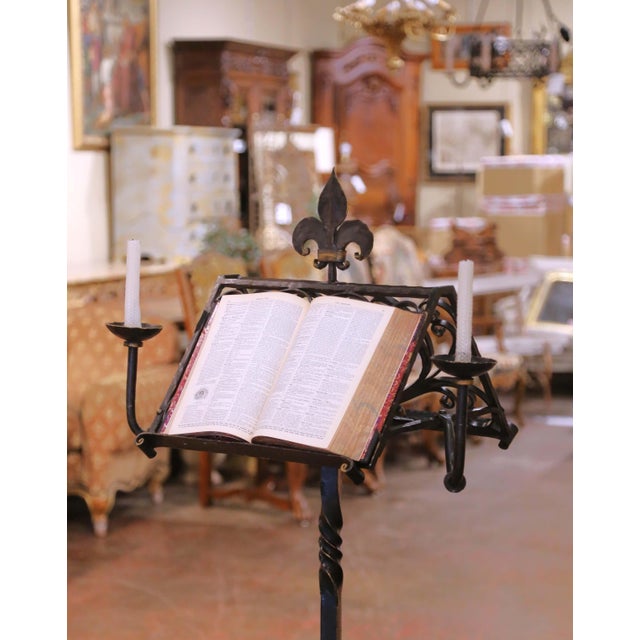 Metal 19th C. French Gothic Wrought Iron Lectern or Music Stand With Candles Holder For Sale - Image 7 of 11