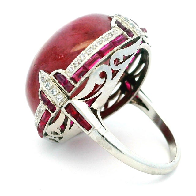 Ruby Red Vintage Platinum Cabochon Ruby, Ruby and Diamond Statement Ring, Size 6.5 For Sale - Image 8 of 15