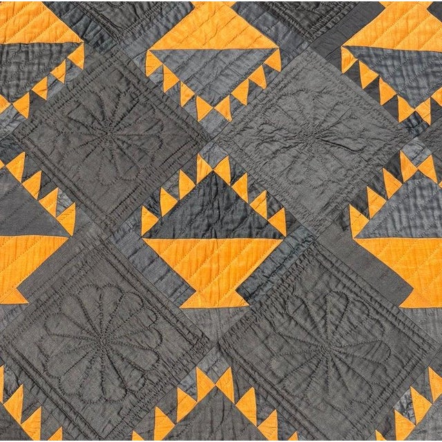 Folk Art Early 20Thc Amish Black Cotton Sateen W/ Wool Pumpkin Baskets Quilt From Ohio For Sale - Image 3 of 10