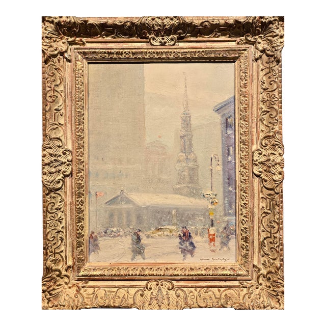 Johann Berthelsen -St. Paul Chapel in the Snow -New York City-1930s Oil Painting For Sale