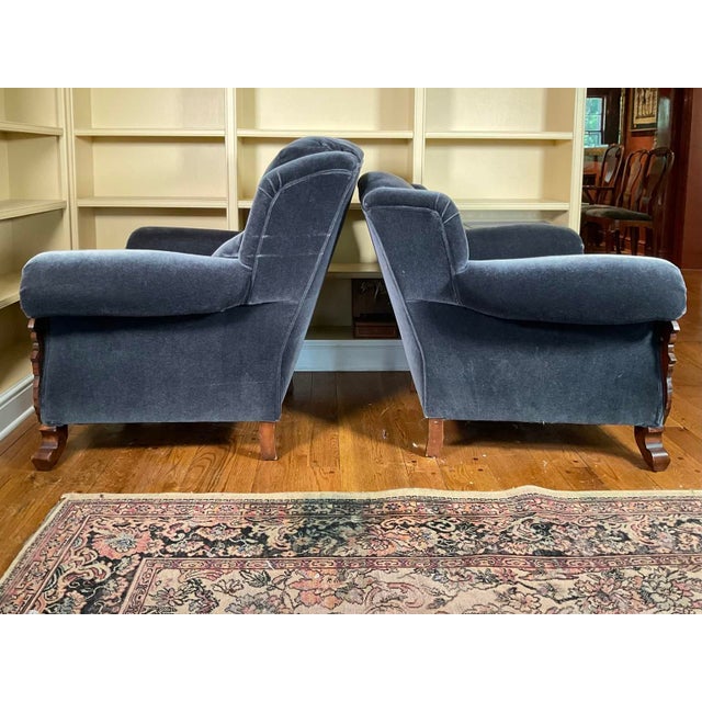 Late 19th Century Stunning Blue Velvet Empire Revival Accent Chairs (Pair) For Sale - Image 17 of 18