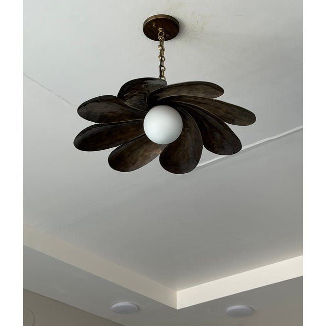 Metal Handmade Black Antique Brass Finish Pendant Light, Floral Metal Ceiling Light, Milk Glass Globe, Vintage Home Decor For Sale - Image 7 of 13