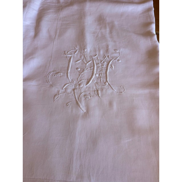 Antique French Linen Sheet With Hand Crochet Lace Trim Monogrammed White Trousseau Sheet Romantic French Bedding For Sale - Image 9 of 12