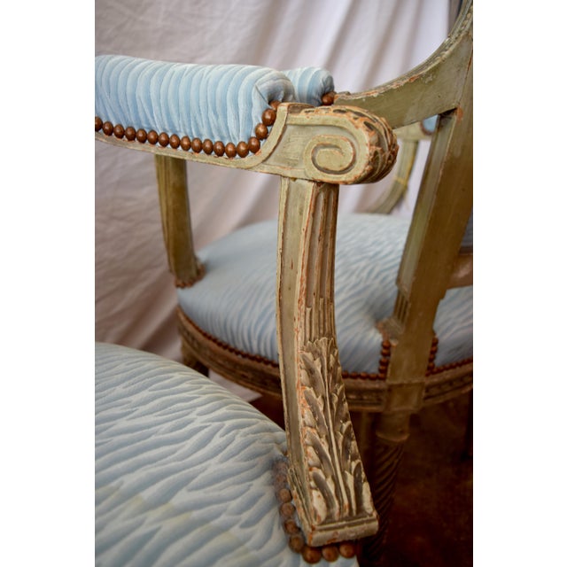 19th Century Pair of Louis XVI Bright Blue Printed Armchairs, 2 Pieces For Sale - Image 4 of 7