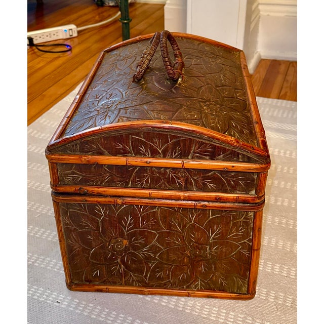 Wood Bamboo Wooden Storage Box With Woven Handles, Hand Carved For Sale - Image 7 of 11