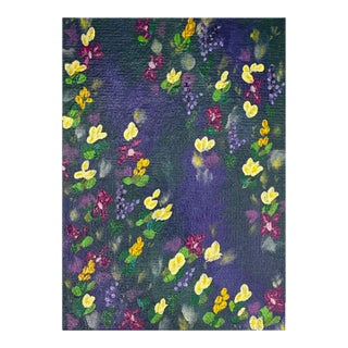 "Purple Scene Flowers" Multi-Color Floral Wall Art Acrylic Painting 5" X 7" For Sale