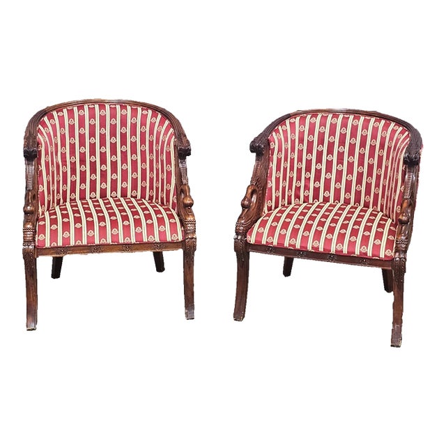 Early 20th Century Pair of English Regency Mahogany Bergeres With Swan Head Carving Red Silk Fabric For Sale