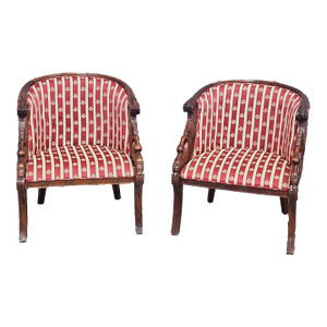 Early 20th Century Pair of English Regency Mahogany Bergeres With Swan Head Carving Red Silk Fabric