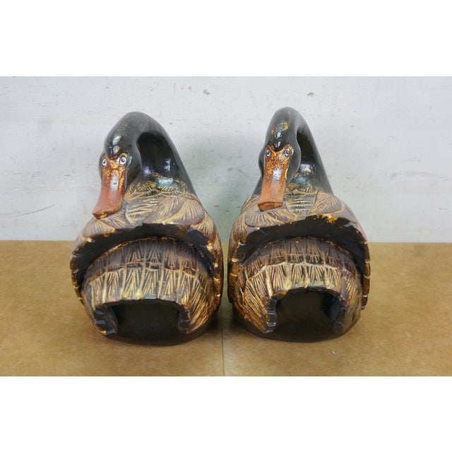 Wood Pair Mid Century Chinese Lacquered Carved Hardwood Swan Sculptures Decoy 13" For Sale - Image 7 of 12