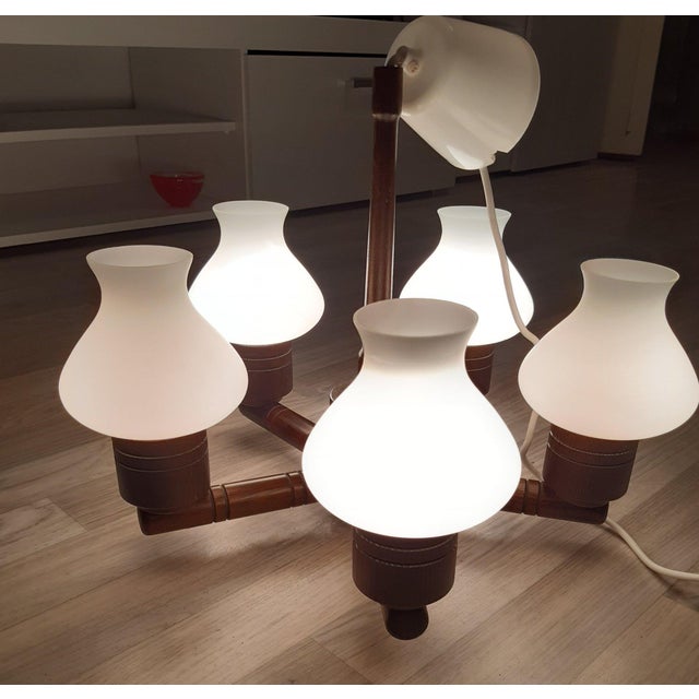 Mid-Century Modern 1970s Vintage Danish Hanging Lamp in Wood and Opaline Glass For Sale - Image 3 of 8