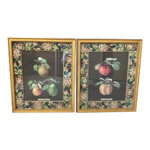 Late 20th Century Pair of John-Richard Framed Botanical Prints Featuring Summer Fruits in Gold Frames With Textured Floral Matting