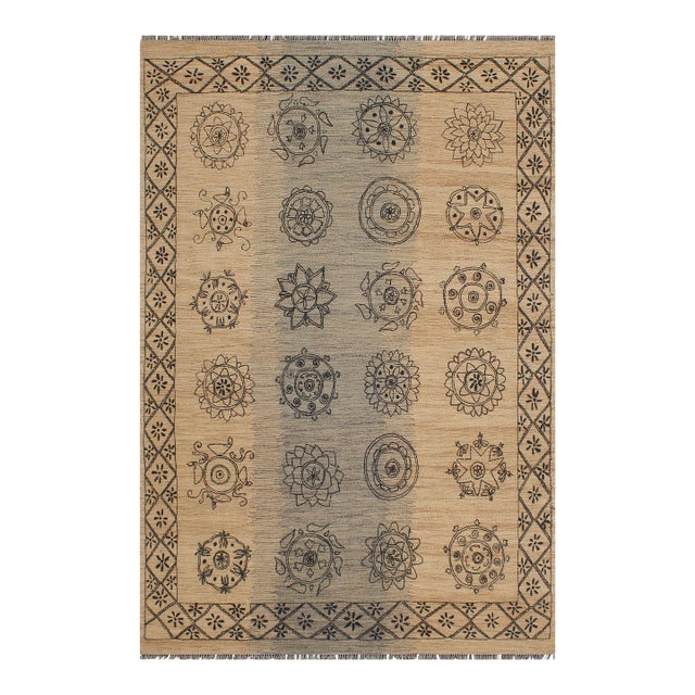 Early 21st Century Rustic Kilim Beige Black Wool Rug For Sale