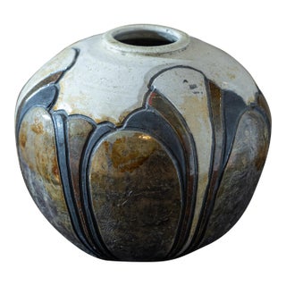 Vintage 80s Signed Nancy April Studio Pottery Carved Raku Vase For Sale