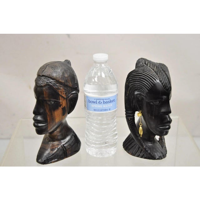 Vintage African Carved Ebony Wood 7" Male and Female Bust Statue Sculpture - 2 Pc Set. Circa Late 20th Century....