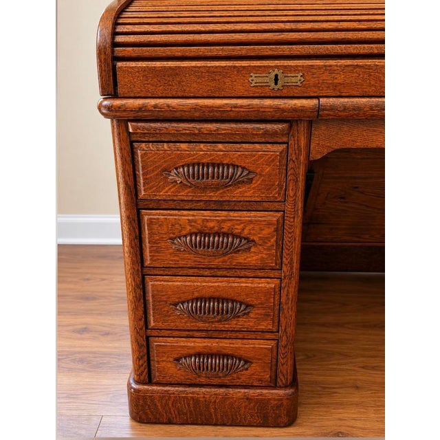 Very Special Antique Smith Premier Roll Top Desk | Quarter Sawn Oak Typewriter Desk | Victorian Office Furniture For Sale - Image 12 of 17