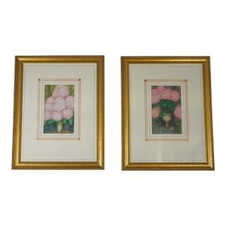 Pair of Pink Flowers Still Life Artwork - Signed For Sale