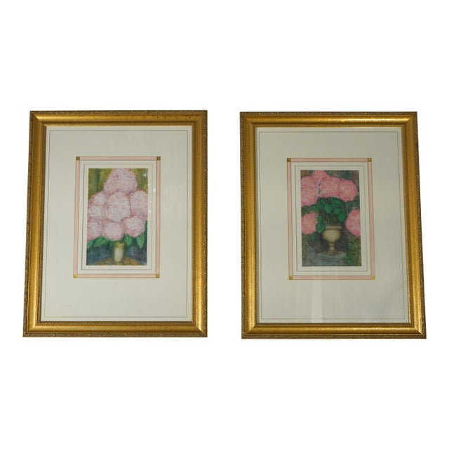 Pair of Pink Flowers Still Life Artwork - Signed For Sale