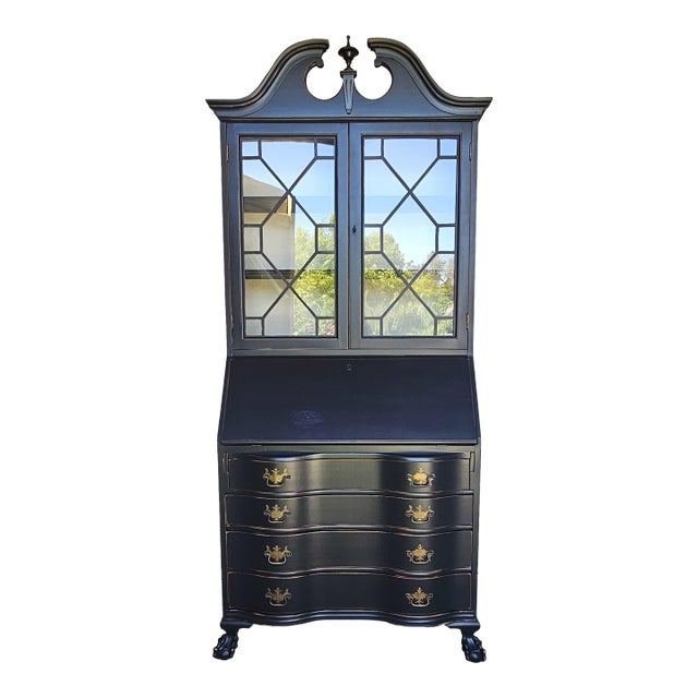 Black Chippendale Style Secretary Desk/ Secretary Hutch, Circa 1940's For Sale