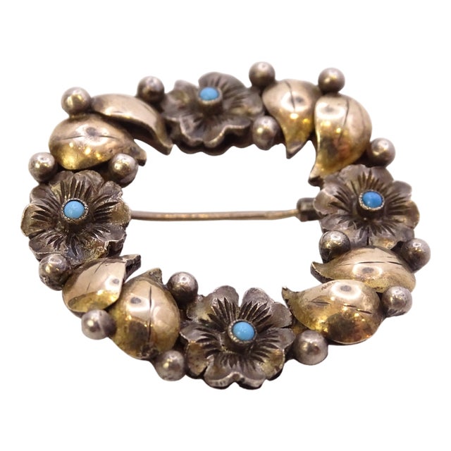 Art Nouveau Aged Metal and Turquoise Garland Brooch, France, 1920s For Sale