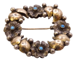 Art Nouveau Aged Metal and Turquoise Garland Brooch, France, 1920s