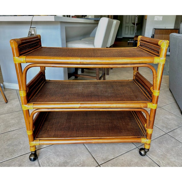 Mid-Century Three-Tier Bamboo & Caning Bar Cart For Sale - Image 4 of 12