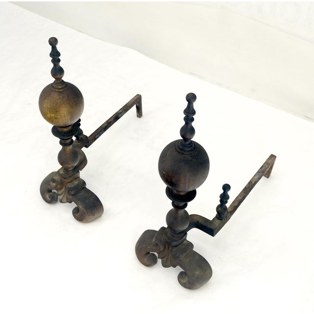 Pair of Large & Heavy Brass 23" Tall Ball Shape End Irons c.1900s For Sale - Image 4 of 9